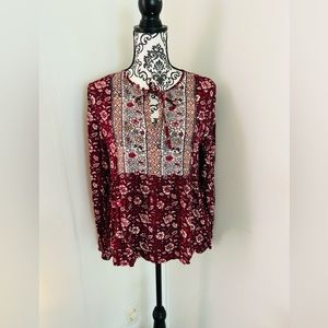 Lucky Brand Women’s Maroon Colorful Floral Paisley Long Sleeve Peasant Top